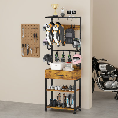 24"W Hall Tree with Helmet Racks, Drawers, Open Shelves and Hooks for Entryway by 17 Stories