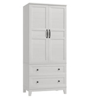 72" Wooden Tall Clothing Armoire Wardrobe Closet with 2 Drawers Hanging Rod and 18 Adjustable Shelves for Bedroom White by Ebern Designs