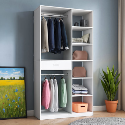 White Wooden Freestanding Wardrobe System With 6 Open Shelves, 1 Wooden Drawer And 2 Hanging Rails by Ebern Designs