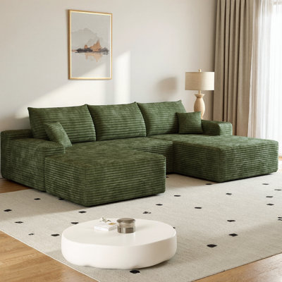 107" U-Shaped Cloud Sectional Sofa with Ottoman, Plush Corduroy Fabric Deep Seat Corner Couch, Modern Minimalist Living Room Furniture, No Assembly Re by Mercer41