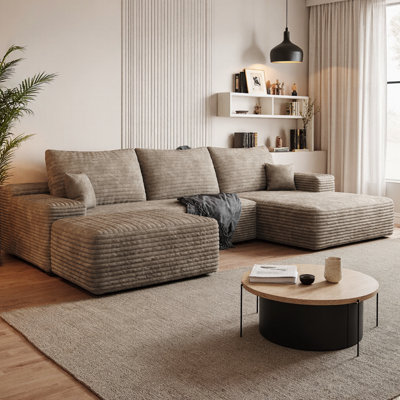 107" U-Shaped Cloud Sectional Sofa with Ottoman, Plush Corduroy Fabric Deep Seat Corner Couch, Modern Minimalist Living Room Furniture, No Assembly Re by Mercer41