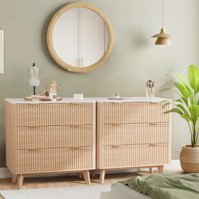 32" Width Fluted Nightstand, Modern 3 Drawer Bedside Table with Gold Handle and Large Drawer, Wood Chest of Bedside Table with Curved Profile, End Tab by Wrought Studio