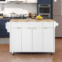 55.5" Fluted Kitchen Island With Drop Leaf, Rolling Island Table With Faux Marble Top, Power Outlet, Storage Drawers & Cabinets by Lark Manor