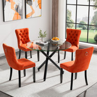 36" Glass Dining Room Table Set for 4, 5-Piece Round Black Dining Table with Metal Legs, 4pcs Velvet Upholstered Chairs with Wood Legs, Glass Kitchen by House of Hampton