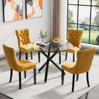36" Glass Dining Room Table Set for 4, 5-Piece Round Black Dining Table with Metal Legs, 4pcs Velvet Upholstered Chairs with Wood Legs, Glass Kitchen by House of Hampton