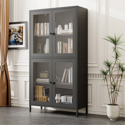 Classic Metal Storage Cabinet Display Cabinet With 4 Glass Doors 4 Shelves Cabinet Bookcase Side Cabinet For Home Office Living Room Kitchen Hallway by Ebern Designs