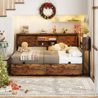 Farmhouse Daybed With Bookcase & Drawer, L Shaped Twin Bed Frame With Power Outlet & LED by Ivy Bronx