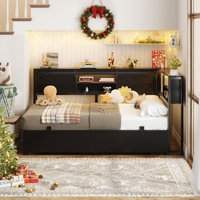Farmhouse Daybed With Bookcase & Drawer, L Shaped Twin Bed Frame With Power Outlet & LED by Ivy Bronx