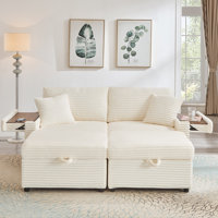 68 inch Oversized Double Chaise Lounge with Hidden Storage Ottomans, Comfy Corduroy Upholstered Indoor Lounge Chair with USB Charging Port and Cup Hol by Mercer41