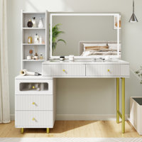 47.5" Fluted Makeup Vanity With Glass Top, Wood Vanity With Mirror And Lights, Dressing Table With 3 Lighting Modes For Bedroom by Ivy Bronx