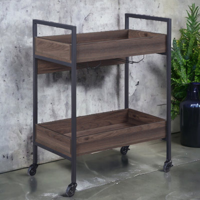 Walnut And Black Colored Serving Cart With 2 Tier Shelf Arrangement & Color Rectangular Profile Cup Holder Metal Frame by 17 Stories