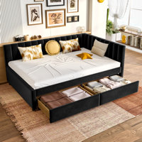 Full Size Daybed with Storage Drawers Upholstered Corner Bed with L Shaped Headboard Daybed Frame for Living Room Guest Room by Latitude Run
