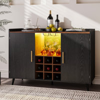 47.2" W Coffee Bar Wine Cabinet With 9-Grid Wine Rack, Adjustable Shelves & Led Light, Multi-Purpose Home Bar & Liquor Bar With Wine Glass Holder For by George Oliver