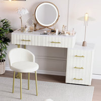 Velvet Upholstered Vanity Desk With Chair, Vanity Set With 5 Big Drawers, Makeup Table With Padded Chair, Marble-Look Sticker Top Dressing Table With