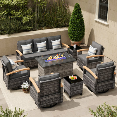10 Pieces Patio Furniture Sets With Fire Pit Table, Wicker Outdoor Conversation Sets With 4 Swivel Rocker Chairs, 2 Single Chairs, 2-seat Sofa And Sid by Latitude Run
