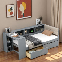 Platform Bed With Storage Shelves, Drawers, Charging Station, Desk And Upholstered Headboard