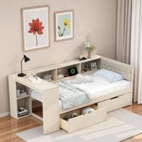 Platform Bed With Storage Shelves, Drawers, Charging Station, Desk And Upholstered Headboard by Lark Manor