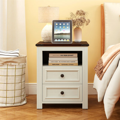 18" Nightstand & End Table With Charging Station & Open Shelf Storage Bedside Modern Wood Bed Side by Gracie Oaks