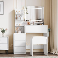 Makeup Vanity Desk with Mirror and Lights - 36" Vanity Table Set with 4 Drawers, Power Outlet, USB Ports, Stool, Dressing Table with 3 Lighting Color by Wrought Studio