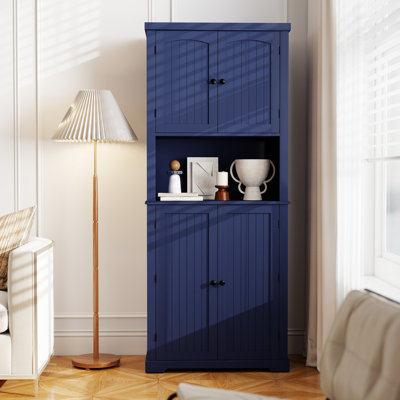 Farmhouse Kitchen Pantry with Open Shelves & Microwave Compartment | Tall Storage Cabinet with Adjustable Shelves by Lark Manor