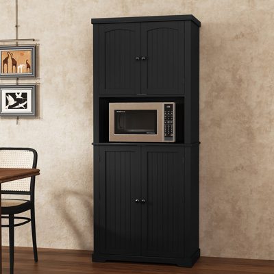 Farmhouse Kitchen Pantry with Open Shelves & Microwave Compartment | Tall Storage Cabinet with Adjustable Shelves