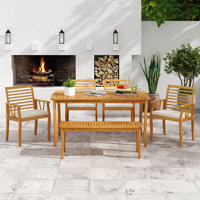 6 PSC Patio Dining Set Acacia Wood Table and Bench Chairs with 1.97” Umbrella Hole by Lark Manor