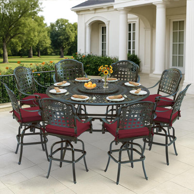 10-Piece Outdoor Bar Set, All Weather Cast Aluminum Patio Bar Furniture With 8 Cushioned Swivel Bar Stools, Large 60.98" Round Patio Bar Height Table by Canora Grey