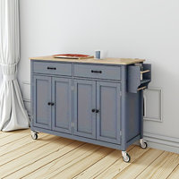 54.3" Grey Blue Kitchen Island Cart - Solid Wood Top, 4-door Cabinet, 2 Drawers, Spice/towel Racks & Locking Wheels by Ophelia & Co.