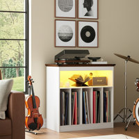 Farmhouse Large Record Player Stand With Power Outlets & LED Lights, Vinyl Record Stand Hold Up To 150 Albums, Turntable Stand For Living Room, Bedroo