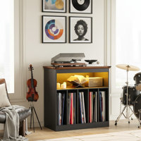 Farmhouse Large Record Player Stand With Power Outlets & LED Lights, Vinyl Record Stand Hold Up To 150 Albums, Turntable Stand For Living Room, Bedroo by Ophelia & Co.