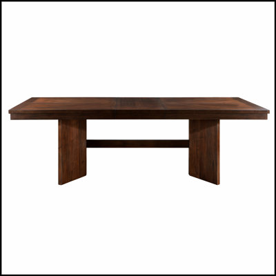 Walnut Finish Wood Dining Table with Self-Storing Extension Leaf and V-Angled Trestle Base for Modern Homes by Loon Peak