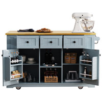 53Inch Large Kitchen Island With 2 Bar Stools, Power Outlet,Door Internal Storage Rack, Kitchen Storage Cart On 5 Wheels With Drop Leaf, 5 Open Side R by Lark Manor