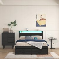 Bed Frame with 8 Storage Drawers, LED Headboard with Charging Station