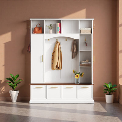 4-IN-1 Elegant 59" Wide Hall Tree With Golden Hooks & Handles, Practical Entryway Walnut Bench With Adjustable Shelves, 76.7"H Farmhouse Wooden Style by Red Barrel Studio