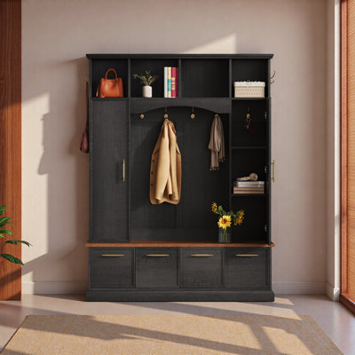 4-IN-1 Elegant 59" Wide Hall Tree With Golden Hooks & Handles, Practical Entryway Walnut Bench With Adjustable Shelves, 76.7"H Farmhouse Wooden Style by Red Barrel Studio