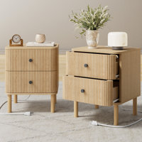 Fluted Nightstand With Charging Station, 18 Inch Modern Farmhouse Night Stand, Round Edge by Latitude Run