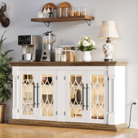 60" Wide Sideboard Buffet With Outlet & Led , Farmhouse 4 Doors Credenza Storage Cabinets With Adjustable Shelves by Ophelia & Co.
