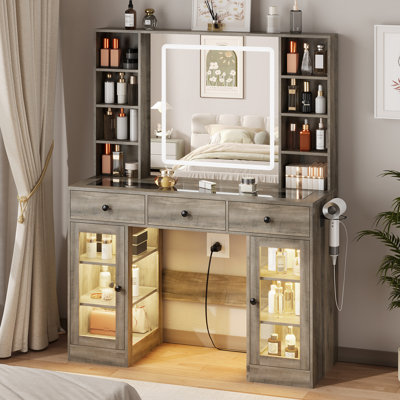 Vanity Desk with RGB Lights, Top, Lighted Mirror and Built-in Hair Dryer Rack, All-in-One Makeup Table with Drawers and Shelves