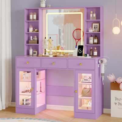 Vanity Desk with RGB Lights, Top, Lighted Mirror and Built-in Hair Dryer Rack, All-in-One Makeup Table with Drawers and Shelves by Brayden Studio