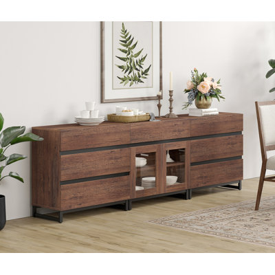 3 In 1 Sideboard Buffet Cabinets With Glass Doors And 7 Drawers, Modern Sideboard Credenza With Adjustable Shelf And Base, Coffee Bar Cabinet Storage