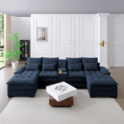 130" U-Shaped Sofa With Console,Cupholders,6-Seat Upholstered Primary Living Space Furniture,Sleeper Couch Set With Chaise by Latitude Run