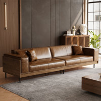 Modern Brown Leather Sofa With Wooden Accents, 4-seater Living Room Couch With 3 Throw Pillows, Mid-century Modern Upholstered Sofa For Home Office by Hokku Designs