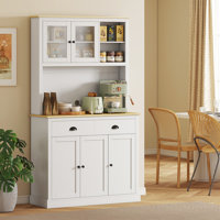Kitchen Pantry Storage Cabinet with Microwave Stand, 71" Modern Kitchen Hutch with Glass Doors, Storage Drawers and Adjustable Shelves for Dining Room