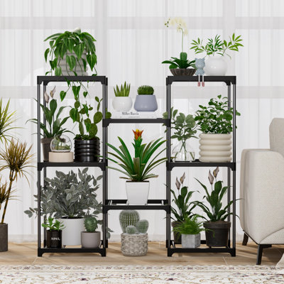 Plant Stand Indoor Outdoor Plant Shelf Stand, 3 Tiers 8 Pots Large Potted Metal Flower Plant Rack For Multiple Plants, Black by Arlmont & Co.