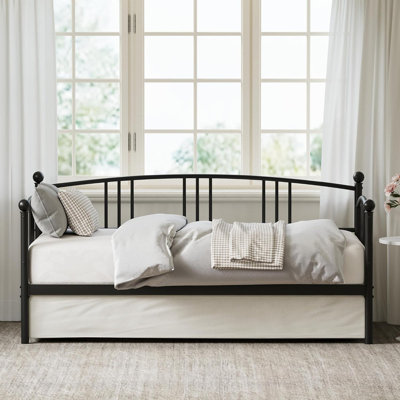 Twin Daybed with Trundle, Metal Twin Size Sofa Bed with Pullout Trundle on Casters for Bedroom & Living Room by Winston Porter