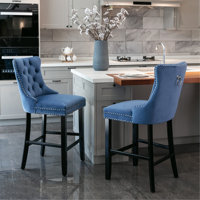 Contemporary Velvet Upholstered Barstools With Button Tufted Decoration And Wooden Legs, And Chrome Nailhead Trim, Leisure Style Bar Chairs,Bar Stools by Mercer41