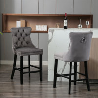 Contemporary Velvet Upholstered Barstools With Button Tufted Decoration And Wooden Legs, And Chrome Nailhead Trim, Leisure Style Bar Chairs,Bar Stools