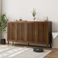 63 Inch Walnut Sideboard Buffet Cabinet With Storage ,Grille-Striped 4 Doors Sideboard,Multifunctional Accent Cabinet by George Oliver