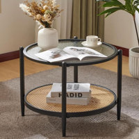 25.59In Double-Layered Circular Rippled Glass + PE Rattan Panel, Black Iron Frame Coffee Table by Dakota Fields