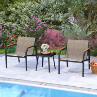 3 PCS Outdoor Chair Set Metal Frame Armchair & Table w/ Breathable Fabric Seat by Ebern Designs